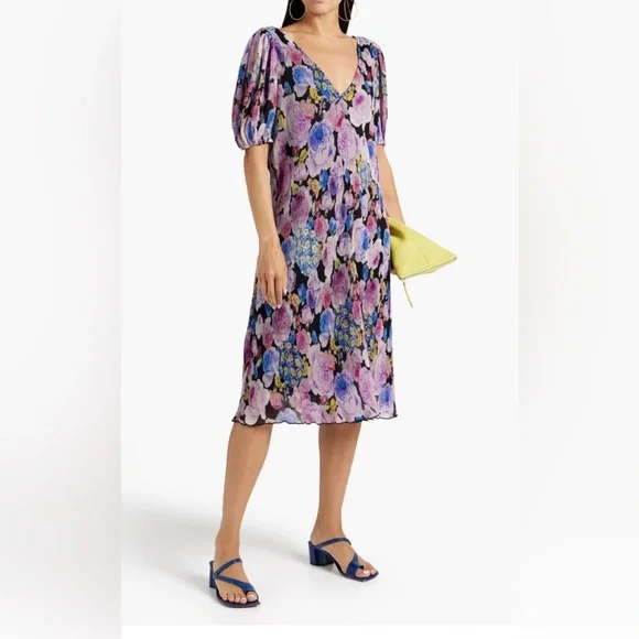knee length dresses for ladies GANNI floral print smocked plisse georgette mini dress size 4
